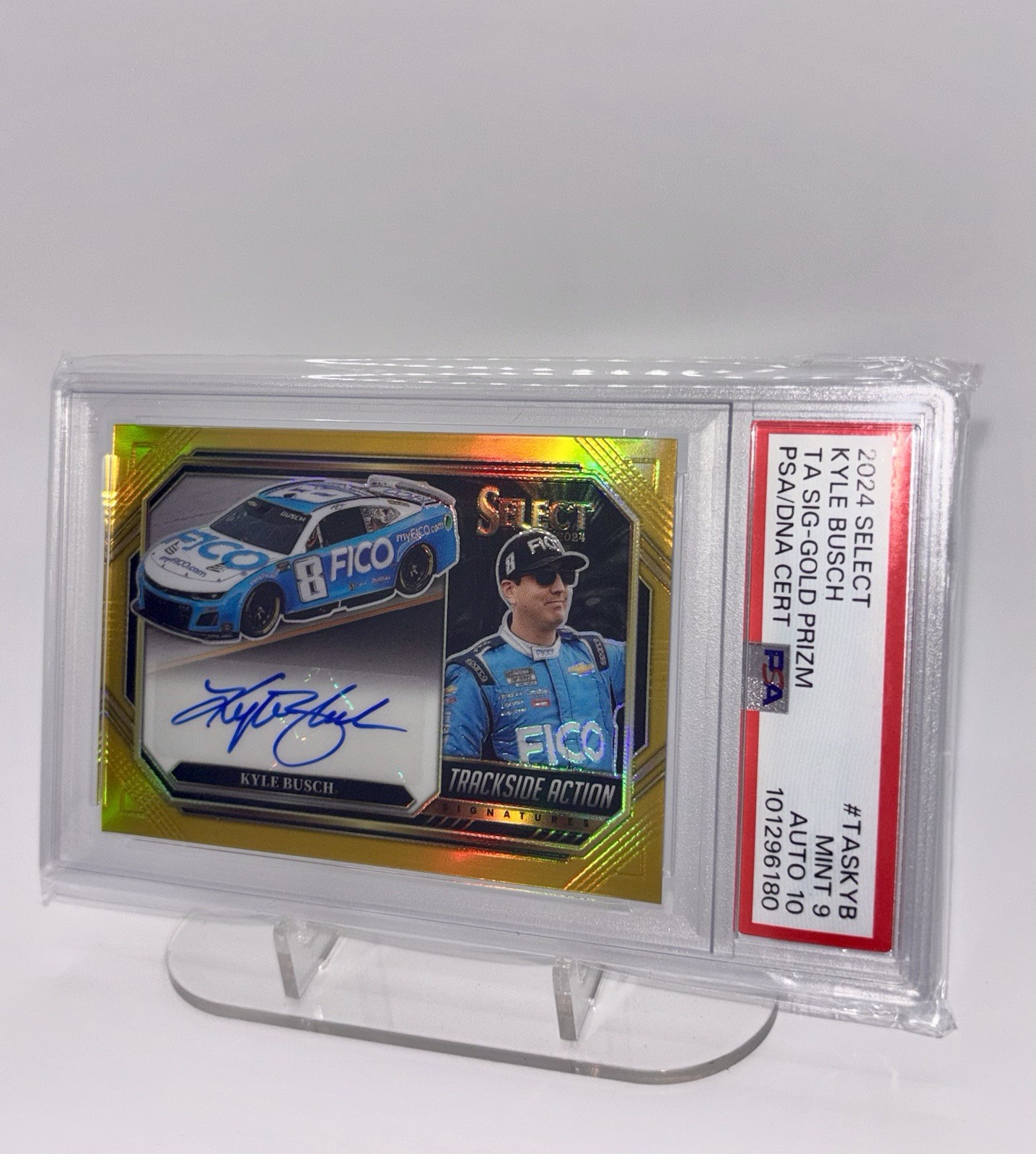 Kyle Busch Auto 5/10 Gold Prizm Panini Select 2024 NASCAR / PSA 9 Auto 10