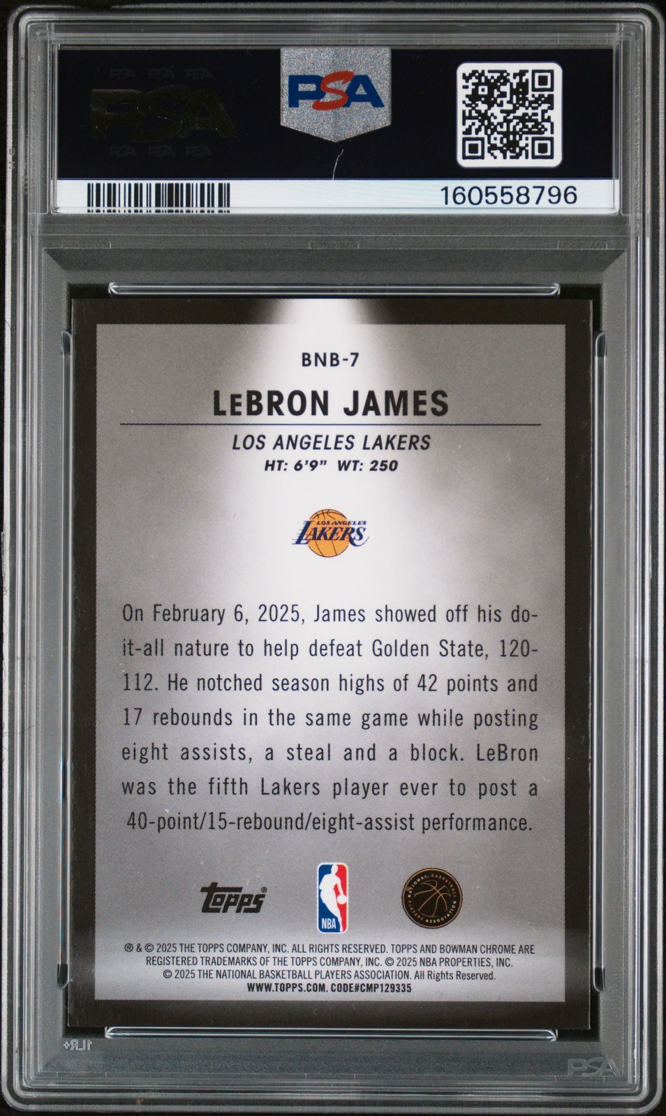 2025 BOWMAN CHROME SPOTLIGHTS NBA #BNB-7 LEBRON JAMES PSA 9 view 2