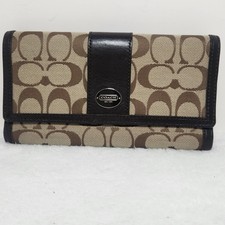 Coach Signature Monogram Jacquard Tri-Fold Wallet Tan Leather Trim Brown