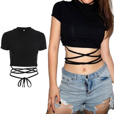 Hoch tailliert und modisch Damen schwarz Bandage Tee Kurzarm Crop Tops