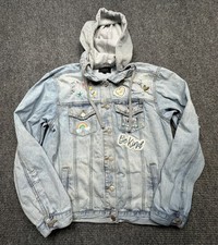 Risen Jacket Womens Medium Light Wash Denim Hooded Patches Be Kind Grunge Street