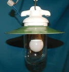 ANTIQUE PORCELAIN FARMYARD LAMP WITH INDUSTRIAL ENAMEL LAMPSHADE