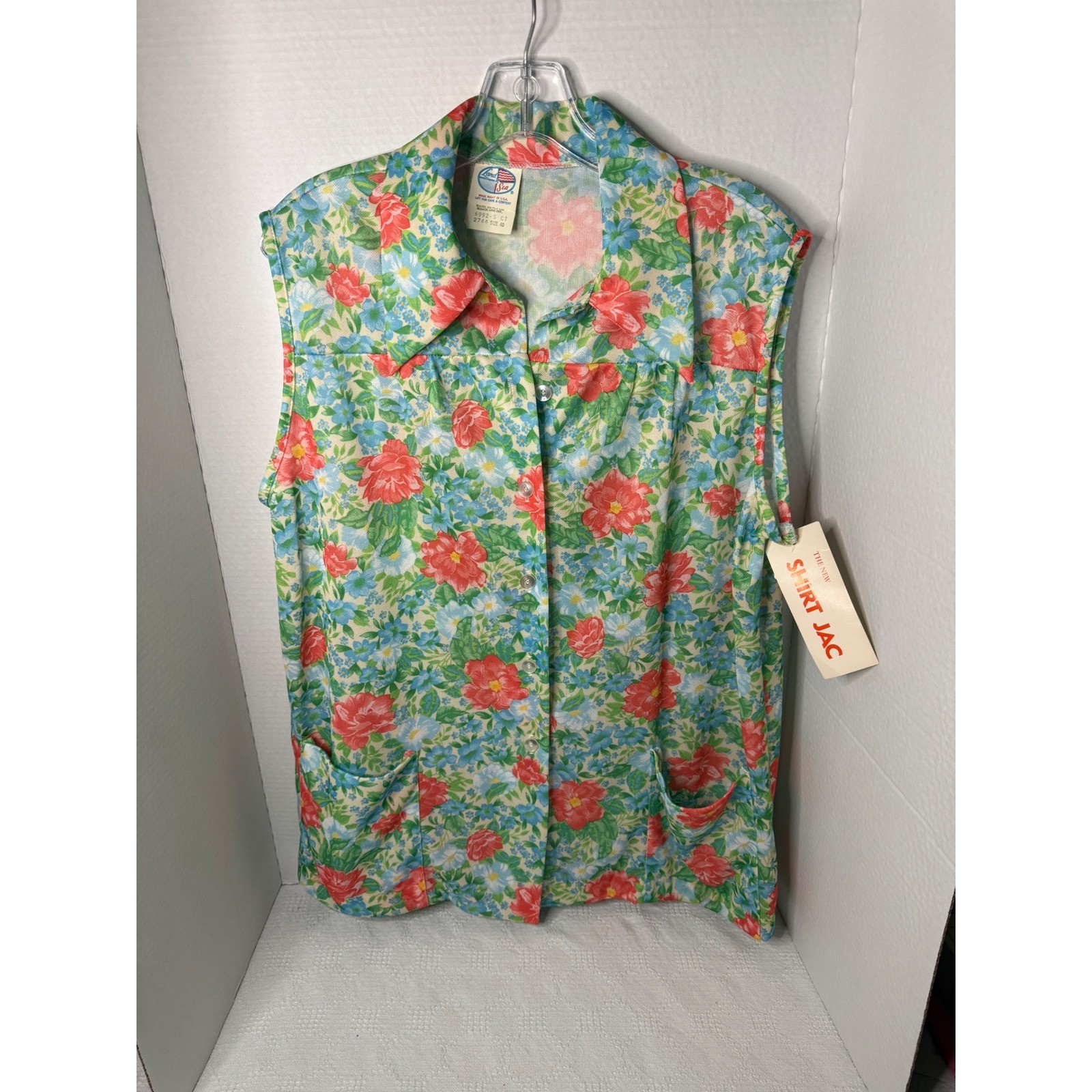 Vintage Land N Sea Womens Floral Shirt Vest Sleeveless Buttons Pockets Size 40