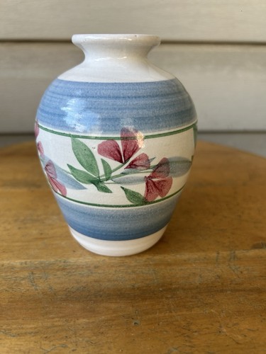 Vintage Red Floral Blue Stripes Hand Painted Small Art Pottery Vase 1990s 5"