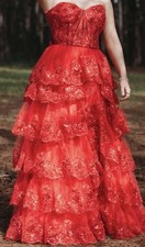 Red Sequin Tiered Layered Ruffle Formal Gown Off Shoulder Sleeves Evening Dress