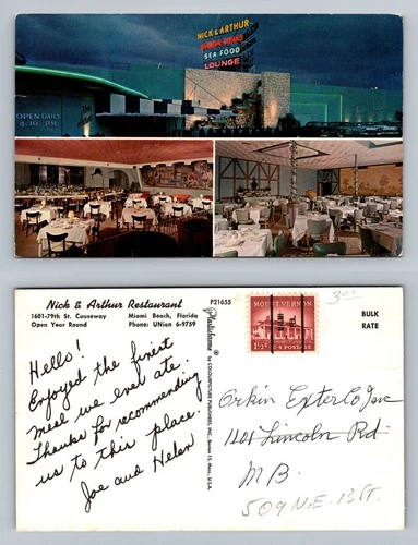 Miami Beach, FL-Florida, Nick & Arthur Restaurant Neon Sign Vintage Postcard