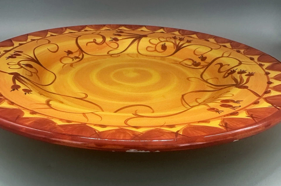 Plato de cena 2 Pier 1 KARISTAN 11 1/4” pintado a mano loza amarillo naranja en muy buena condición Foto 4 de 4
