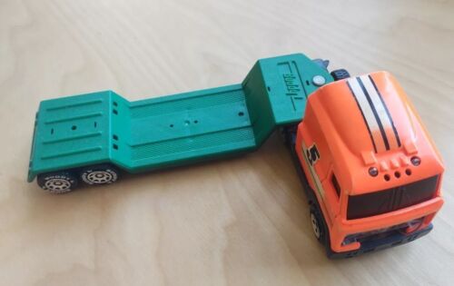 Vintage Buddy L Orange Truck (1990) & Green Lowboy Trailer (1979), READ