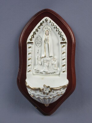 Ceramic Holy Water Font Fatima Portugal On Wooden Base Vintage 80s