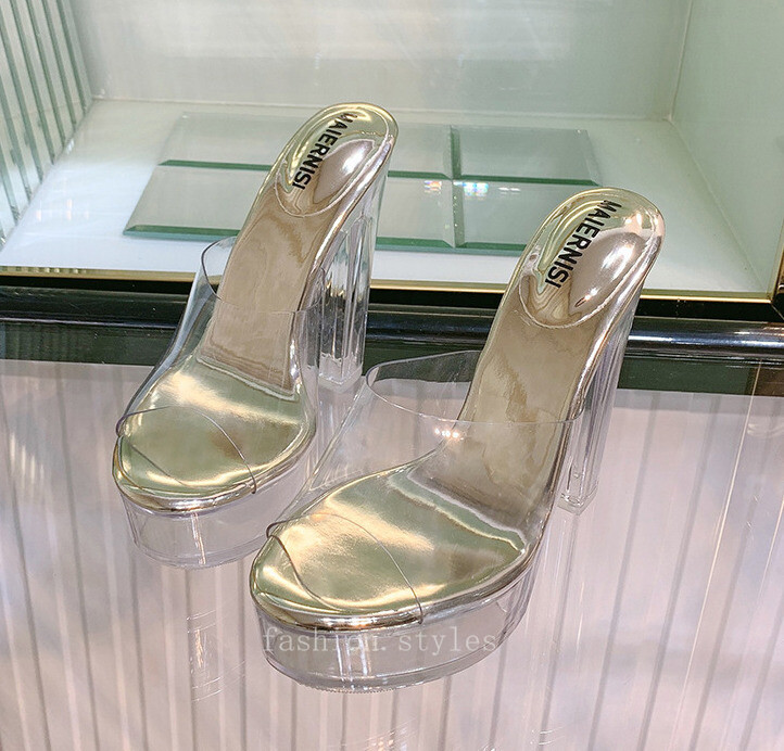 PANTOFOLA D’ORO Ciabatte donna plateau in perspex trasparenti scarpe tacco alto blocco sandali festa