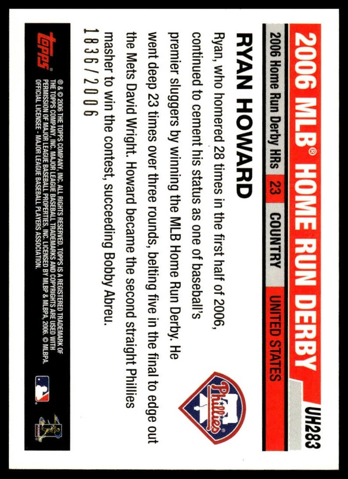 2006 Topps Updates & Highlights #UH283 Ryan Howard Gold #/2006 - Image 2 of 2