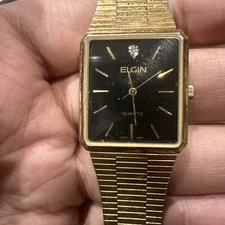 Elgin Mens Dress Watch Diamond Quartz Rectangle Black Tank Gold Tone See Descrpt