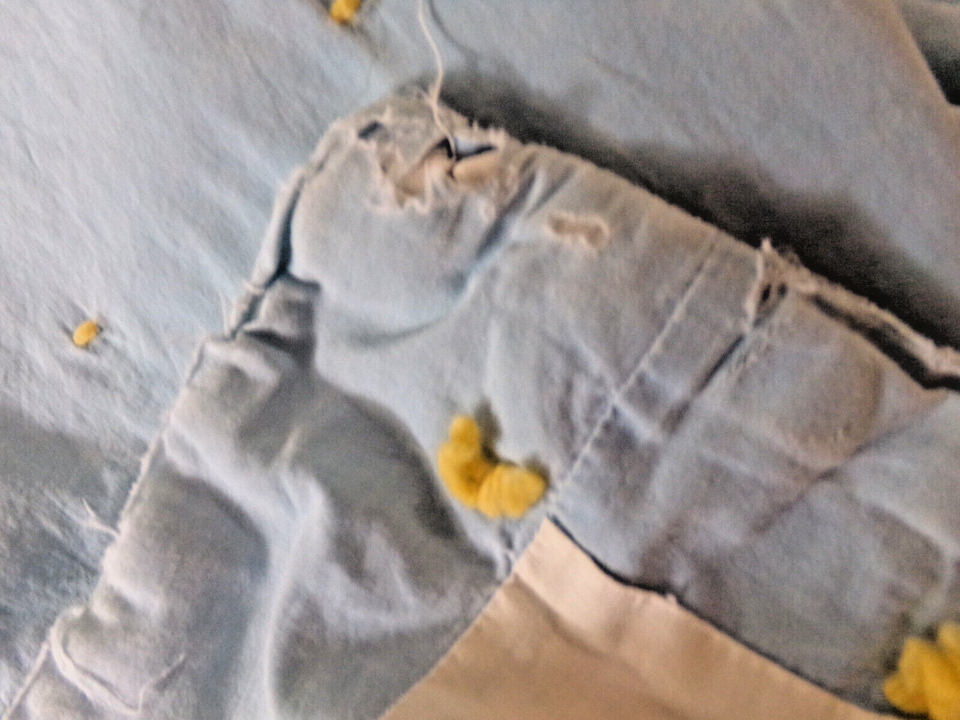 Vintage Well Loved Hand Made Hand Painted Baby Quilt 34 1/2" x 54 1/2