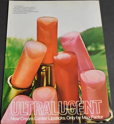 1970 Print Ad Ultralucent Cream Center Lipsticks Max Factor 25 Shades Makeup Art