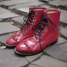 Women's Justin Red Leather Roper Kiltie Lace Up Boots Vintage USA 503Y Size 5.5D