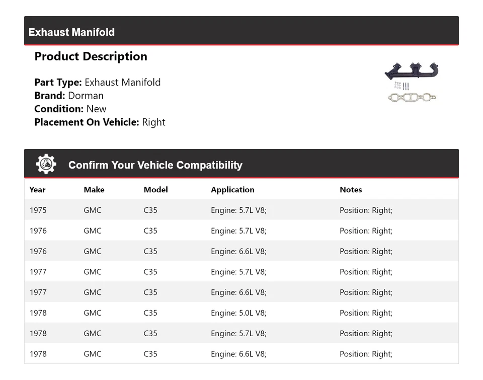 Colector de escape derecho GMC C35 Dorman 1975-1978 1976 1977 Foto 2 de 4