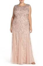 ADRIANNA PAPELL Blush Pink Sequin Beaded Pearl Embellished Maxi Gown Dress 14W