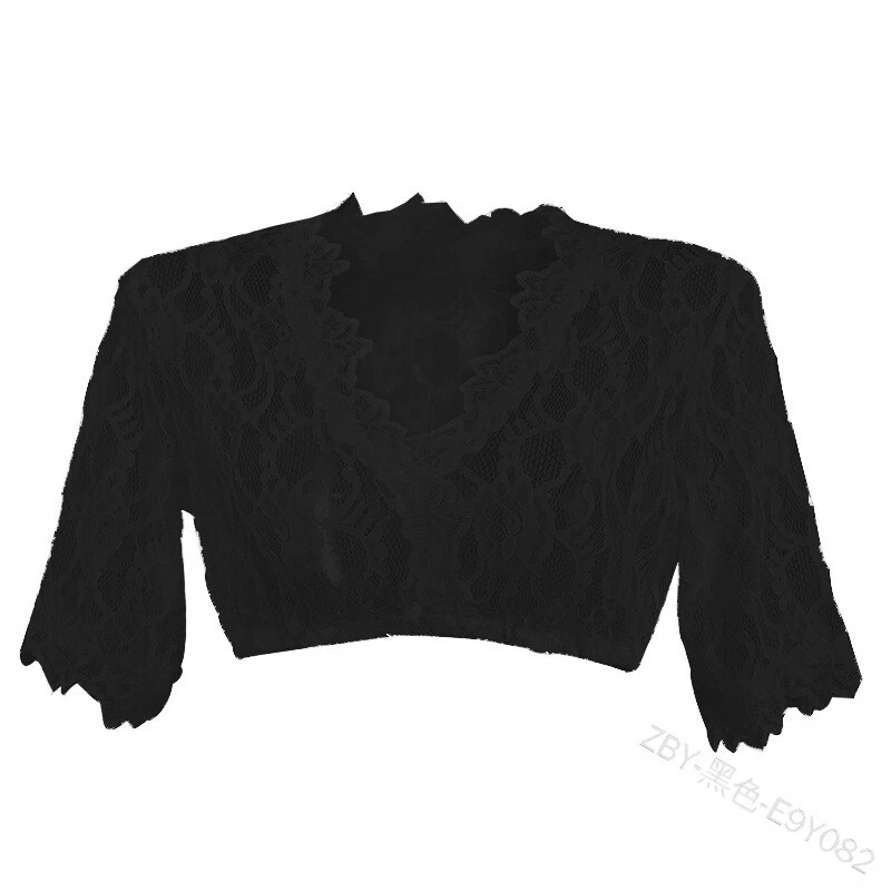 Frauen Spitze Dirndlbluse 3/4 Arm weiß Trachten Oktoberfest Bluse Wrap Crop Tops - Bild 3 von 4