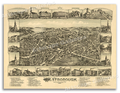 Westborough Massachusetts 1888 Historic Panoramic Town Map - 20x28