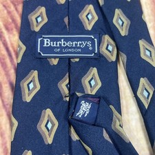 Burberrys Of London Tie Blue Brown Geometric Silk Hand Sewn USA Vintage Necktie