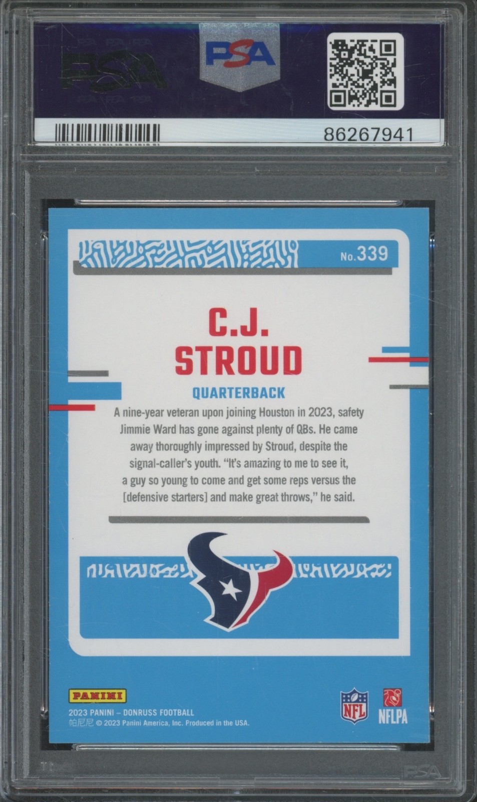 2023 Panini Donruss Press Proof Green #339 CJ Stroud RC Rookie Mint PSA 9 view 2
