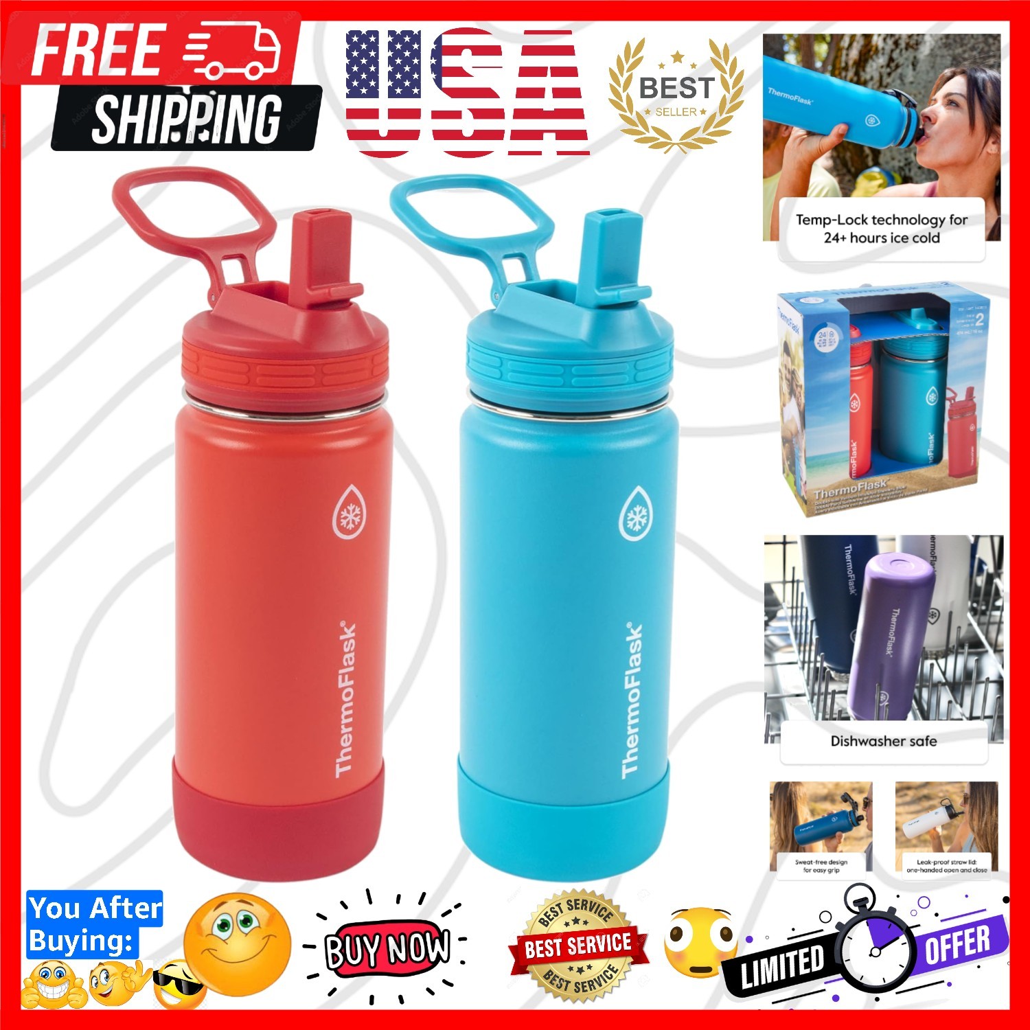 With Straw Lid Bpa-free Stainless Steel Le...