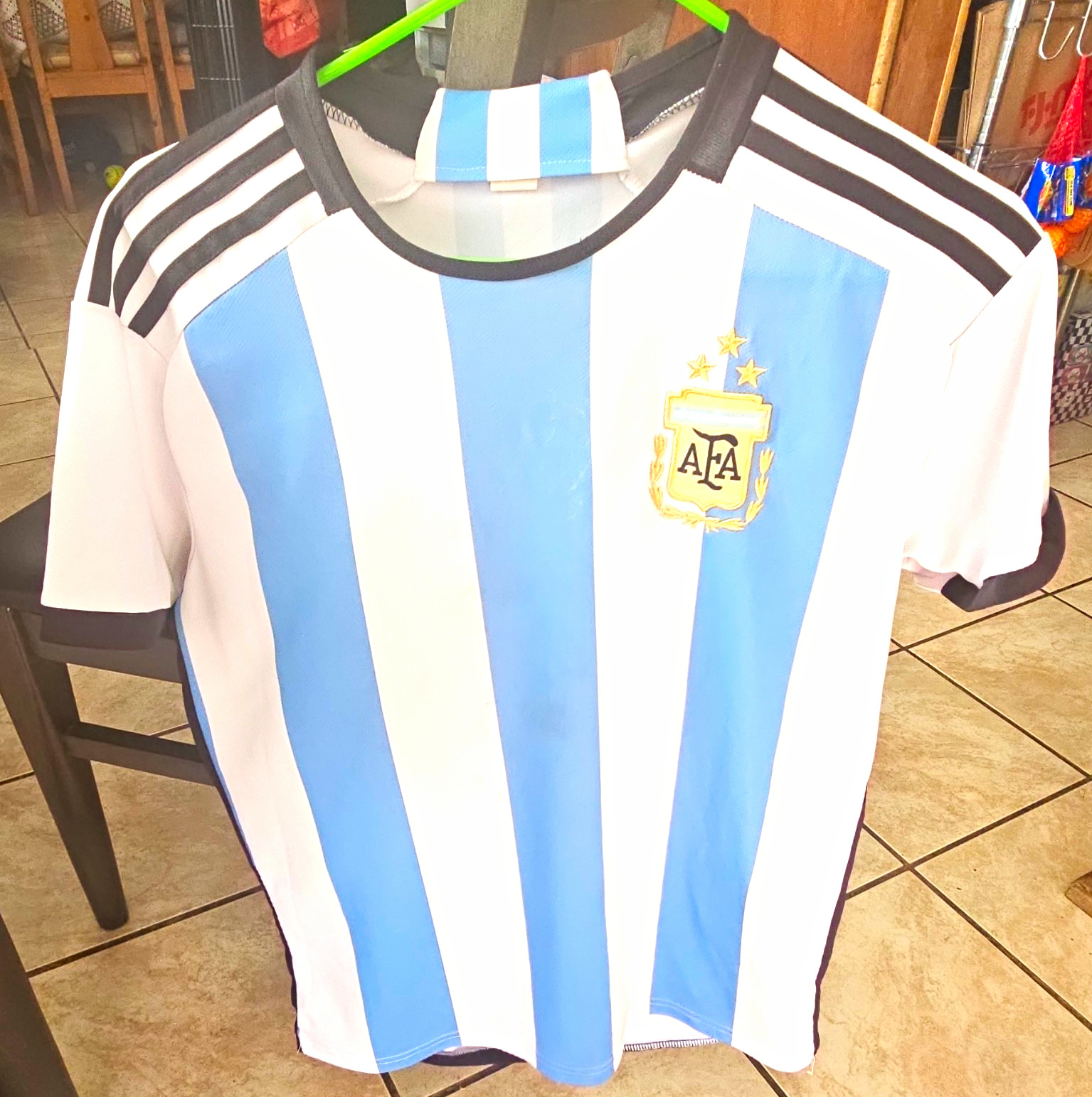 Argentina Lionel Messi #10 Soccer Jersey Shirt White Light Blue Black Has Stains