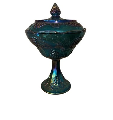 Vintage Indiana Blue Carnival Glass Harvest Grape Pedestal Compote with Lid