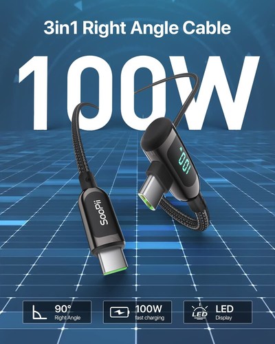 SOOPII 100W Right Angle USB C to USB C Cable,4FT Zinc Alloy Braided Type-C Ca... - Photo 2 sur 8