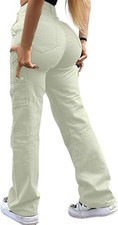Women's Cargo Jeans Pants Casual Slim Fit Wide Leg Denim 80s 90s Style