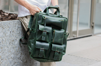Green leather backpack purse medium