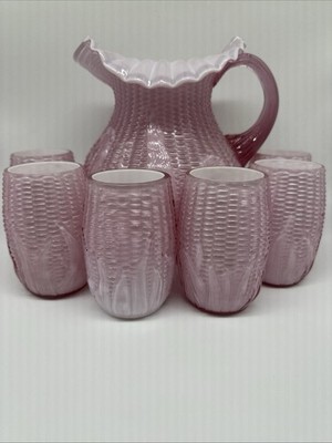 Fenton Art Glass Corn Maize Pitcher and 6 Glass Set