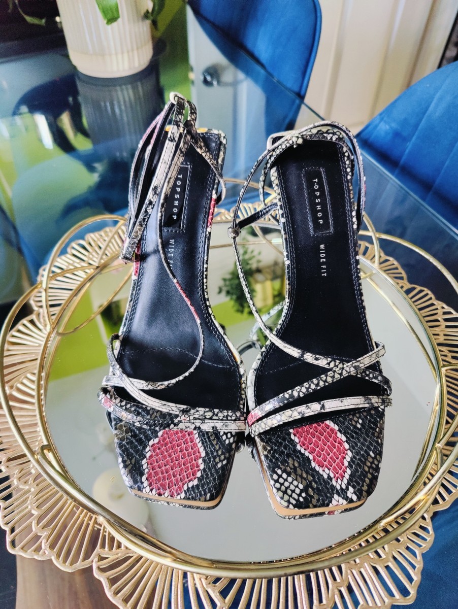 TOPSHOP Ritz Black/Burgundy Snake Print Strappy Sandals wide fit