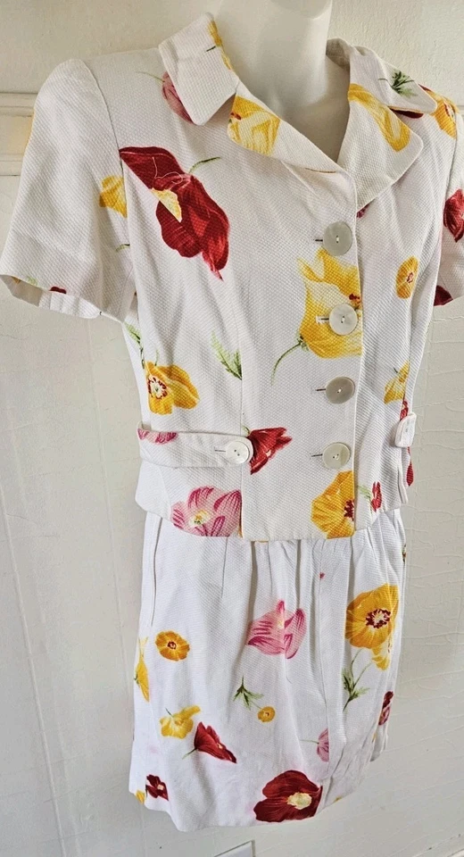 Terno saia vintage Rickie Freeman Teri Jon branco floral algodão 2 peças tamanho 4 em excelente estado usado - Imagem 2 de 4