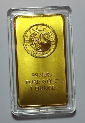 #ad 1 OZ GOLD BAR. PERTH MINT. FINISHED IN .999 FINE 24 KARET GOLD. AU $129.00