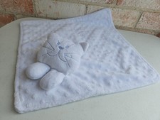 Kitty Cat Baby Security Blanket White Minky Dot Bumps Light Blue Embroider Face