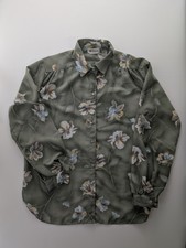 All Hours Women’s Sheer Floral Blouse Green Medium Button Down Made in USA