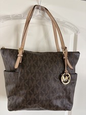 MICHAEL KORS BROWN PEBBLE LEATHER LOGO TOTE BAG PURSE GOLD HARDWARE