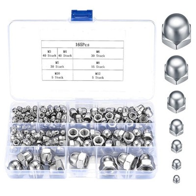 165 Stück Hex Cap Nuts Set M3 M4 M5 M6 M8 M10 M12 Edelstahl Werkstatt