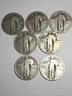 1925-1930 Lot of 7 Standing Liberty Quarters - .90 Fine Silver Coins