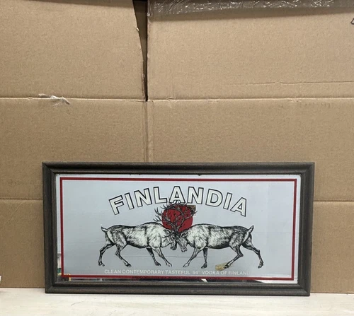 Finlandia Caribou Mirror Beer Sign Vintage/Rare with Wood Framing
