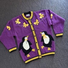 80s Vintage violet purple PENGUIN applique cardigan