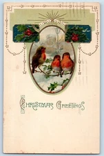 Christmas Postcard Greeting Song Birds Holly Berries Winsch Back 1921 Vintage