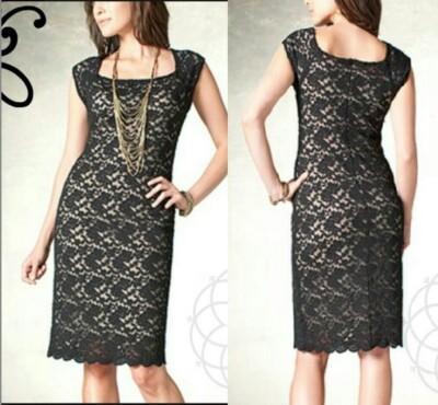 Coldwater Creek Little Black Dress Evening Party Lace Nude Lined Cocktail Sz. 8