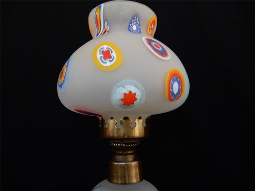 Vintage Art Glass Opaque Scattered Millefiori Globe & Base Oil Lamp - Picture 6 of 12