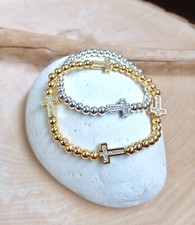 Beaded Baby Bracelet, Sideway Cross, Infant, Child, Silver, Gold, Crystal Charms