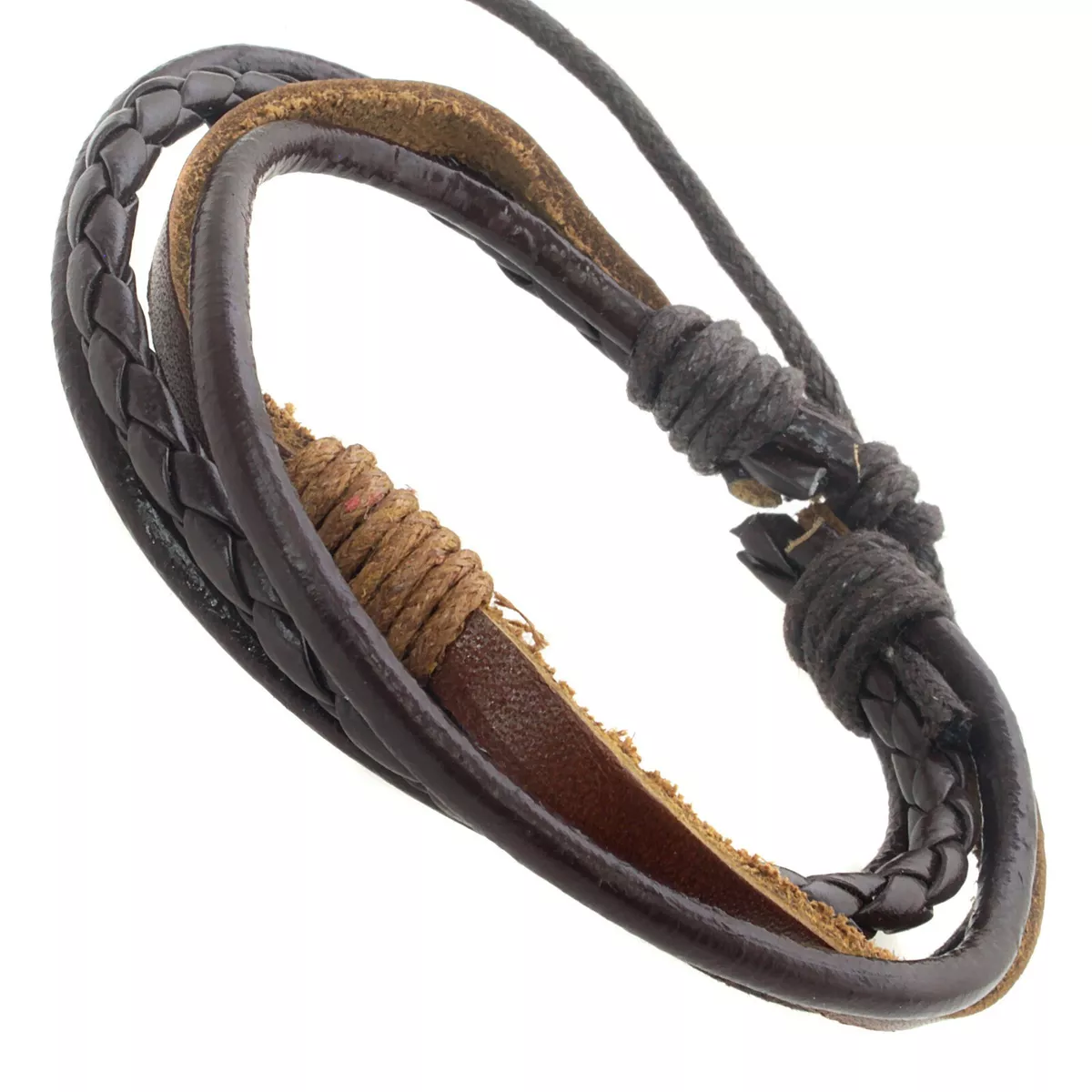 MENS REAL LEATHER and CORD BRAIDED SURF SURFER BRACELET
