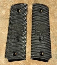 1911 Grips - PUNISHER - BLACK -.45, AMBI, FULL SIZE, LASER ENGRAVED, CUSTOM