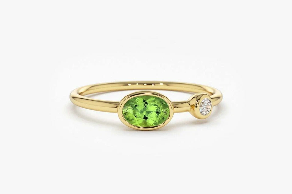Oval Peridot Goldring Grün 0,48ct 14K 585er 1 Diamanten 0,08ct Brillanten VS G - Bild 3 von 4