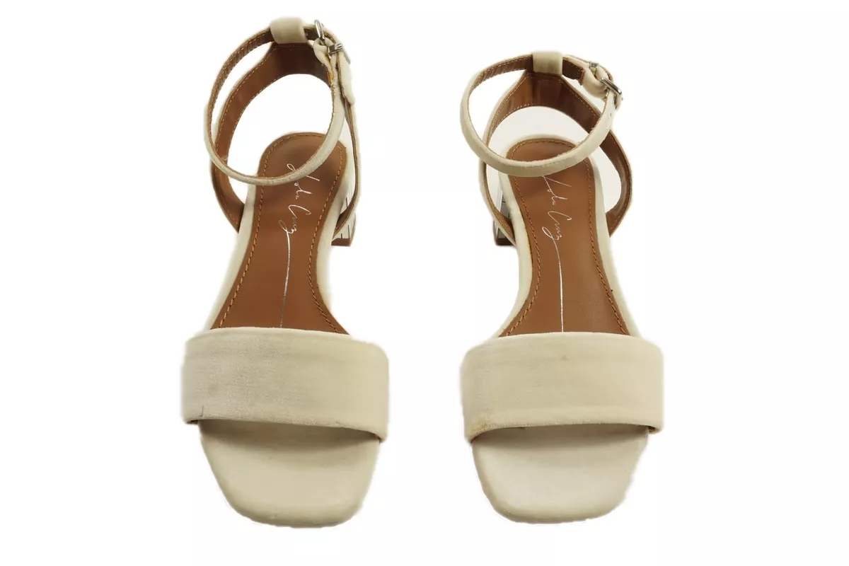 New 150 Lola Cruz Size 36 Off White Velvet Ankle Strap Block Heel Open Sandals